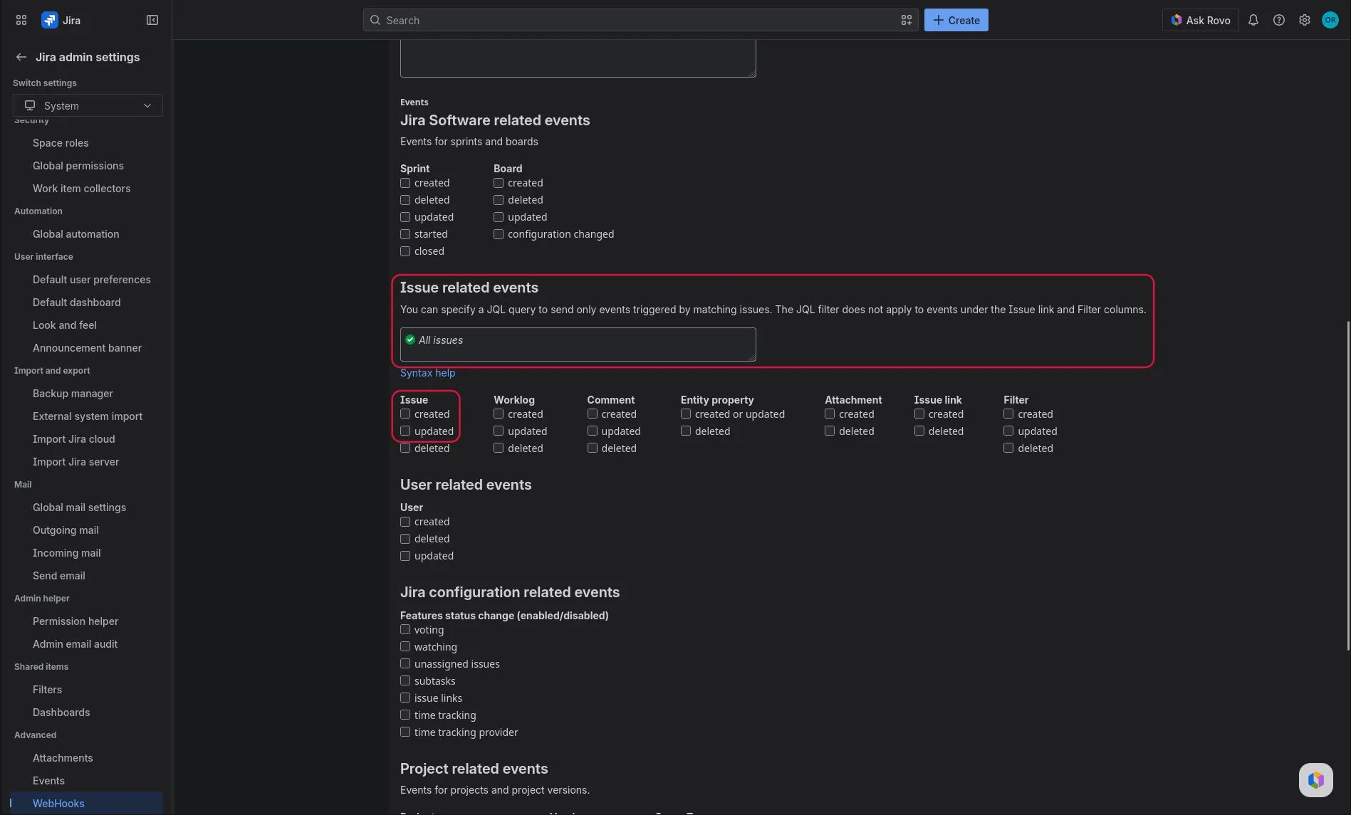 Jira webhook events — check Issue created and Issue updated only