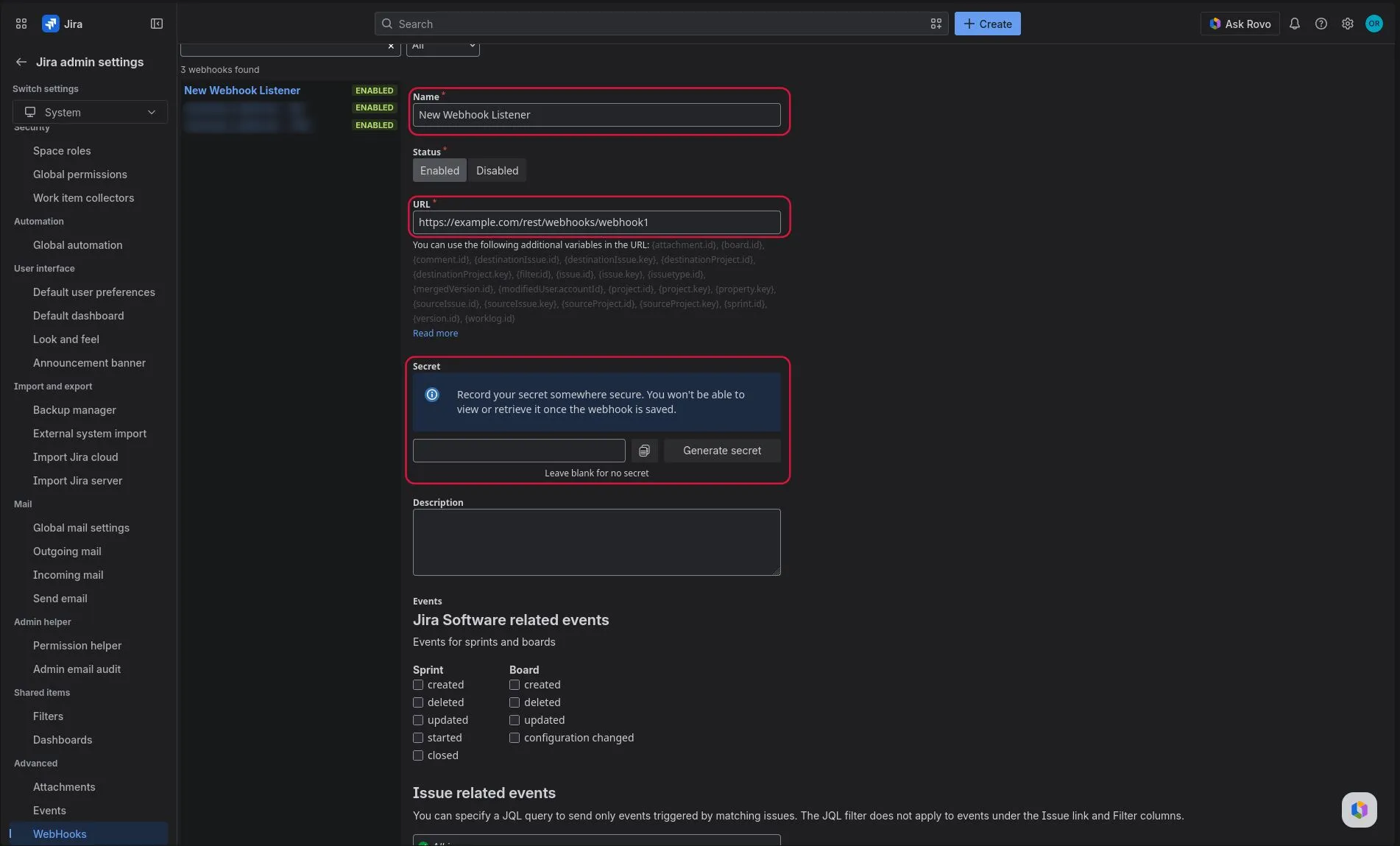 Jira webhook form — Name, URL, and Secret fields