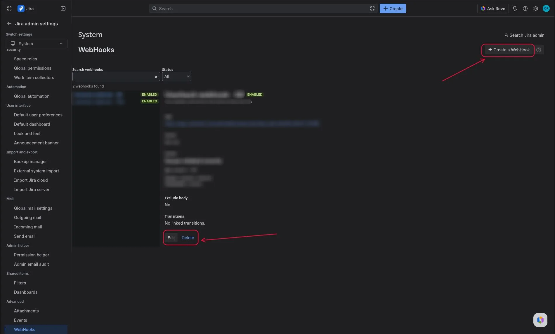 Jira WebHooks list with Create, Edit and Delete actions
