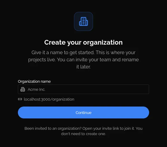 The Create your organization screen: the Organization name field with the web-address preview beneath it, the Continue button and the note for invitees