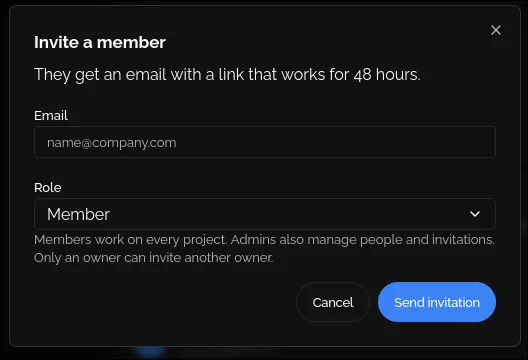 The Invite a member dialog: the email field, the role selector defaulting to Member, and the explanation of what each role does
