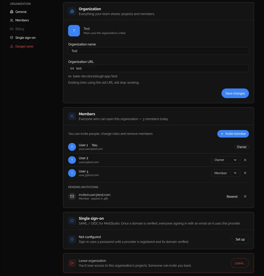 Organization settings as an Owner: the sub-navigation with Billing greyed out, the editable General form with the URL preview and its warning, then Members, Single sign-on and the Danger zone