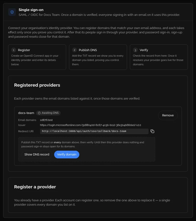 The Single sign-on page with a provider awaiting DNS: the three setup steps, the provider with its domain, issuer and redirect URI, and the Show DNS record and Verify domain buttons