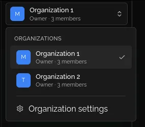 The organization switcher open: each organization with its role and member count, a tick on the current one, and the Organization settings entry