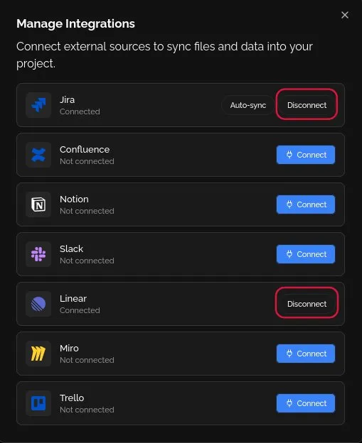 Manage Integrations modal — Disconnect button on a connected integration